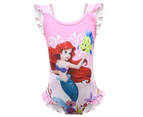 Children Kid Girls Cartoon The Little Mermaid Ariel Print Monokini Swimsuit Ruffle One Piece Beachwear - Pink