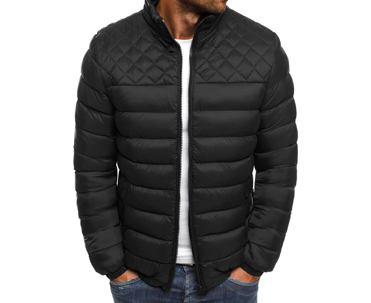 Men's Winter Stand Collar Puffer Jacket Quilted Padded Coat Casual Warm Outwear - Black