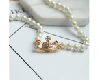 Rhinestone Faux Planet Saturn Pearl Necklace For Women Jewelry, Fake Pearl Collar Pendant A Necklace With Charm Pearl Necklace