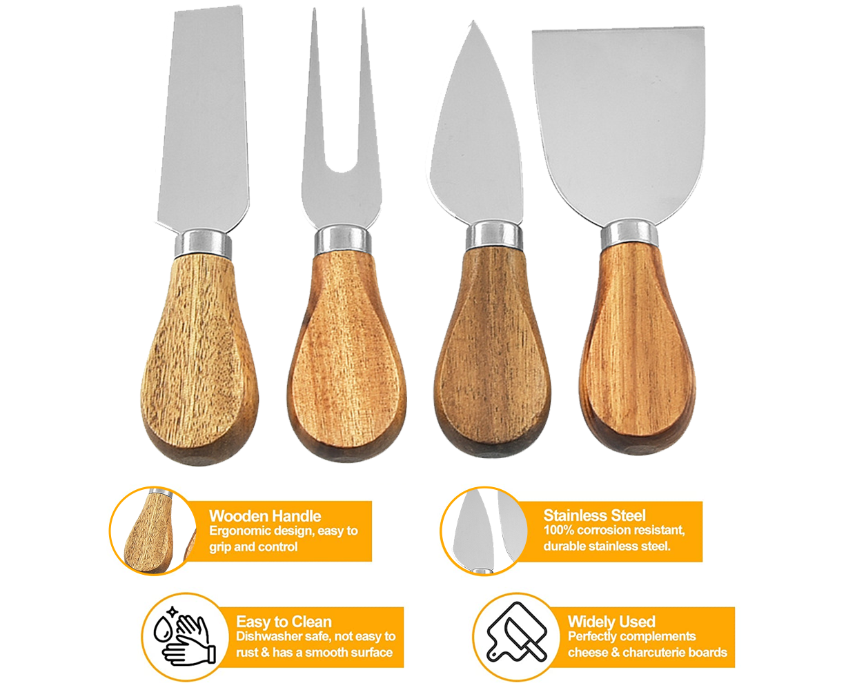 Cheese Knife Set, 4 Pieces Stainless Steel Cheese Knives for Charcuterie  Board, Charcuterie Knife Spreader Fork Set with Bamboo Wood Handle, Cheese