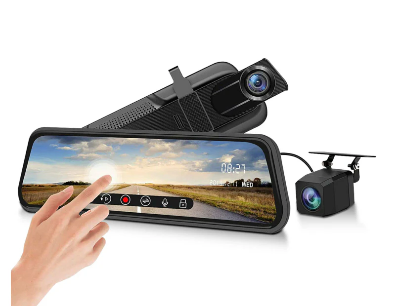 Elinz 10" Rearview Mirror 1080P Full Touch Screen Car Dual Dash Cam Reversing Camera Recorder Hardwire Kit