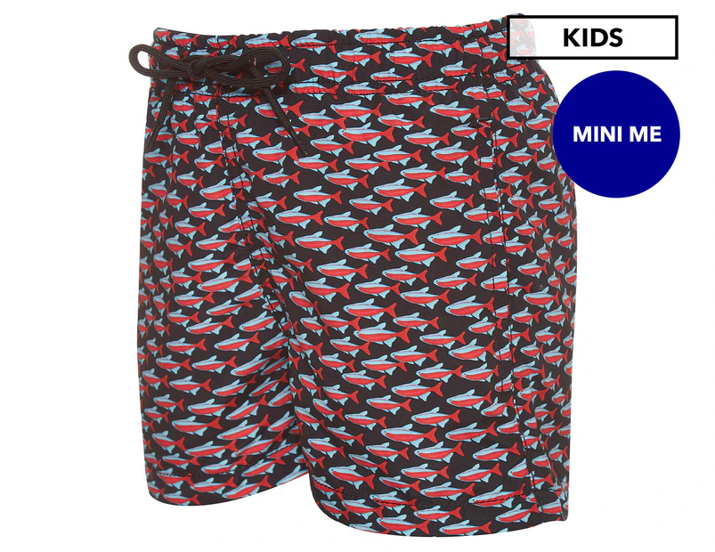 Happy Hour Boys' Neon Fish Board Shorts - Black/Red/Blue