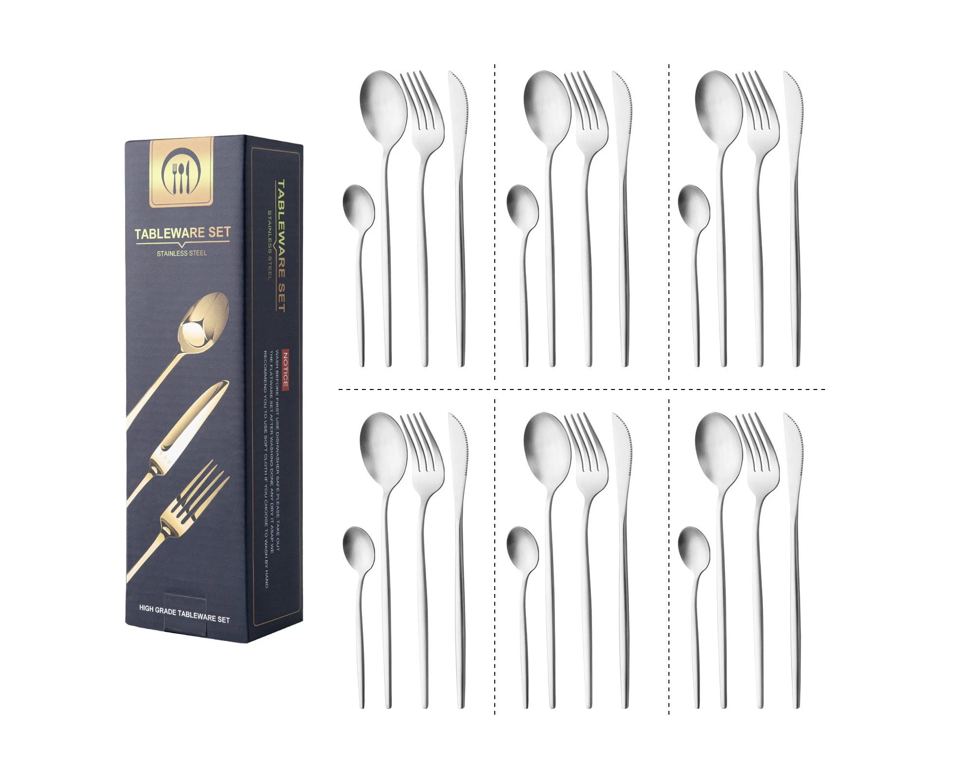 Kitchen Cutlery set 24pcs Dining Tableware Party Supplies Stainless Steel Brushed Silver