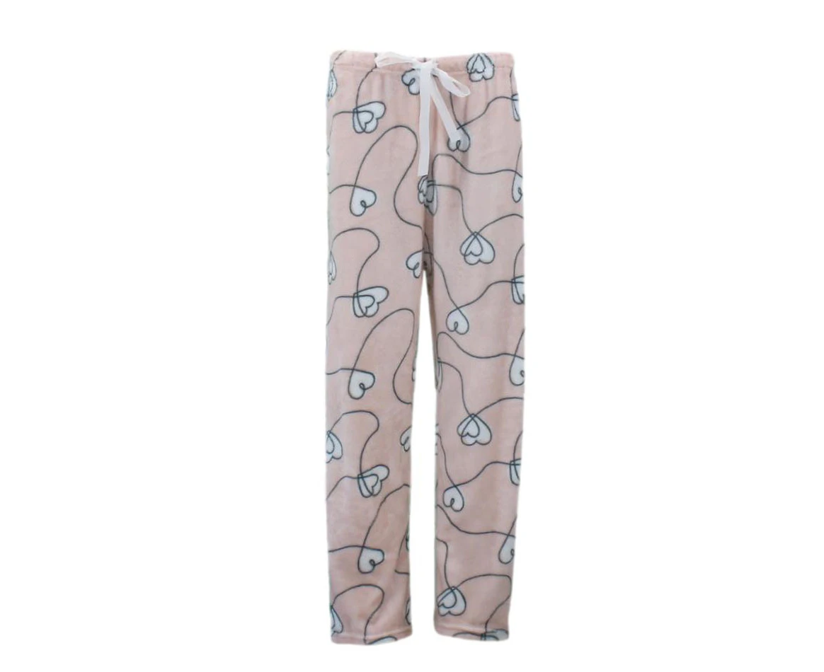 Women's Plush Fleece Pyjama Lounge Pants - L. Pink/Hearts