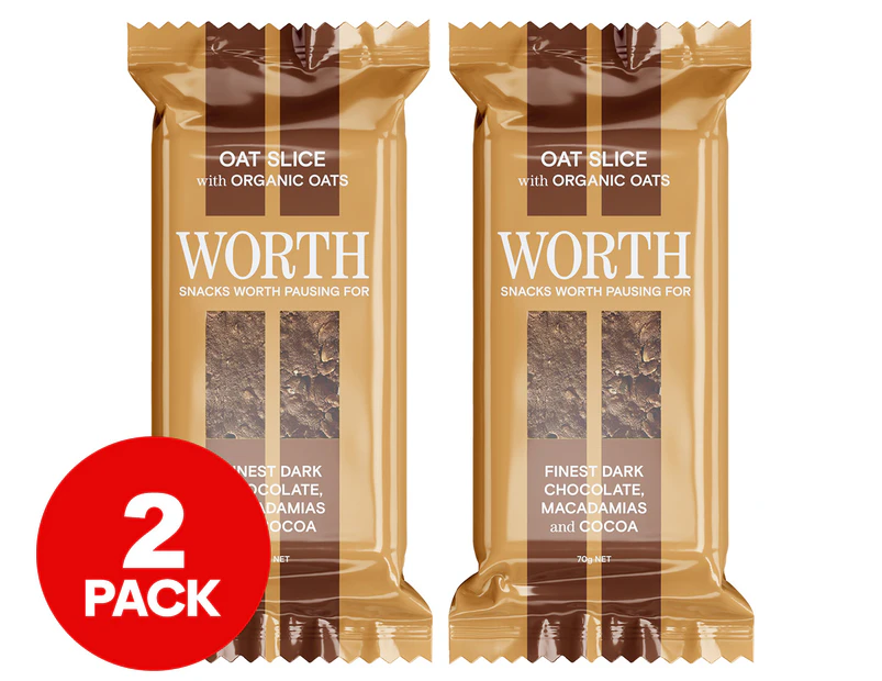 2 x Worth Oat Slice Dark Chocolate, Macadamias & Cocoa 70g