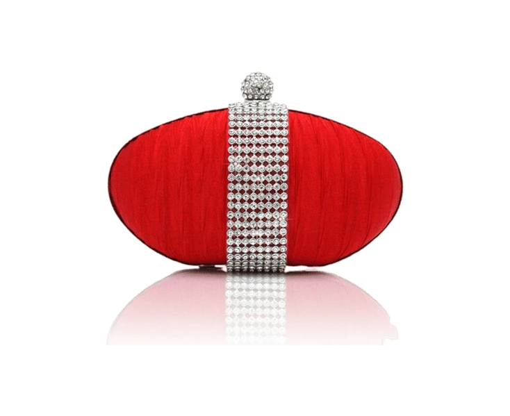 Womens Cute Oval Shape Satin Diamante Clutch Hand Bag Wedding Bridal Red Silk