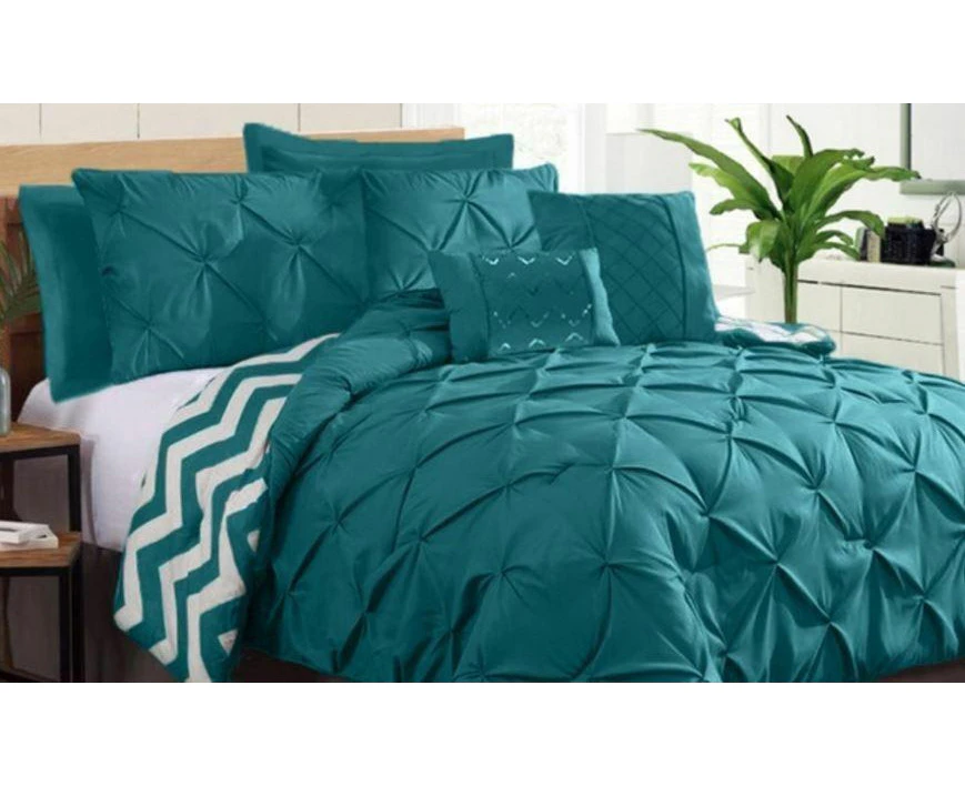 7 Piece Pinch Pleat Comforter Set | Pintuck Quilt Bedding Cover Set | Diamond Embroidery Pintuck Duvet Cover | 3 Sizes - 5 Colours - Teal