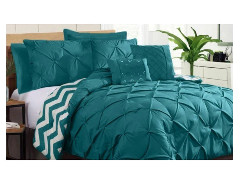 7 Piece Pinch Pleat Comforter Set | Pintuck Quilt Bedding Cover Set | Diamond Embroidery Pintuck Duvet Cover | 3 Sizes - 5 Colours - Teal