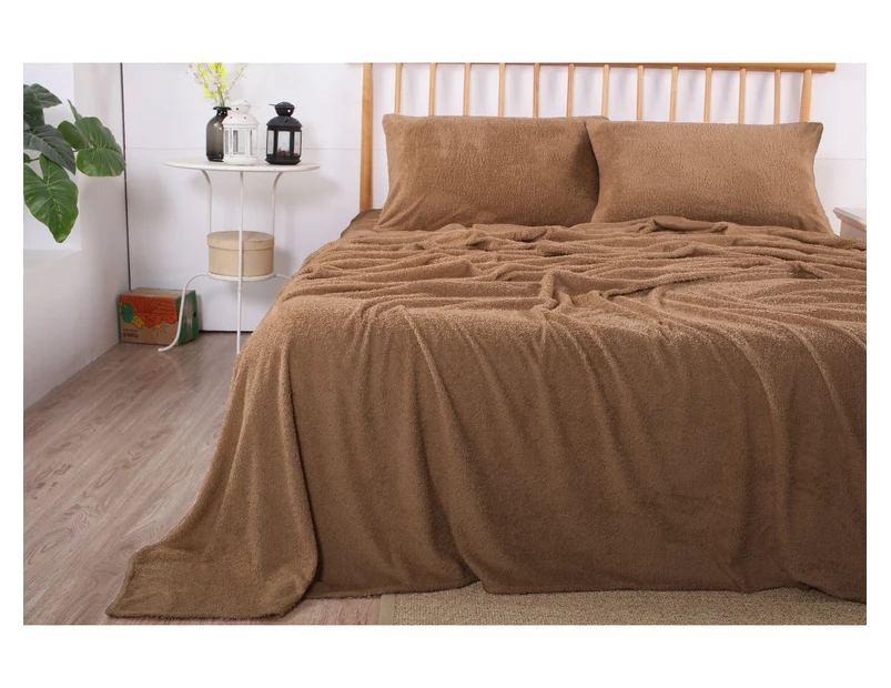 Fluffy Teddy Fleece Sheet Set | Ultra Warm Bedding Cover Soft Fluffy Sheets | 5 Sizes - 8 Colours - Camel