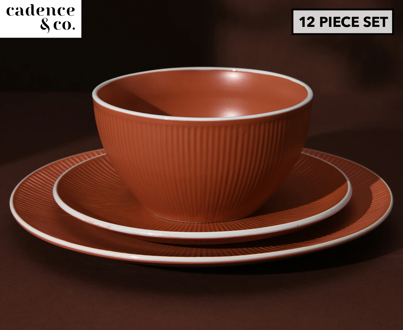 Cadence & Co. Maze 12-Piece Ribbed Dinner Set Matte Glaze Terracotta & White 4 person