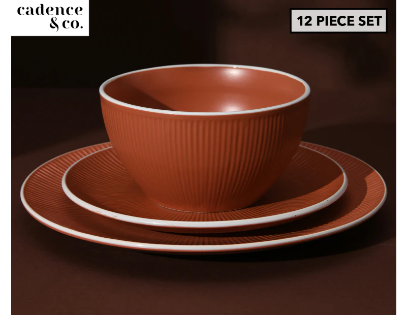 Cadence & Co. 12-Piece Maze Ribbed Dinner Set - Terracotta