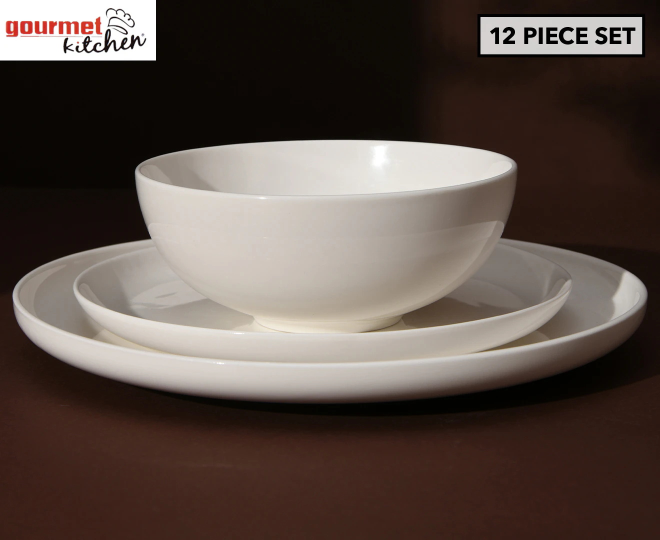 Gourmet Kitchen Essential 12 PC dinner set coupe shape, Gloss glaze White 4 person