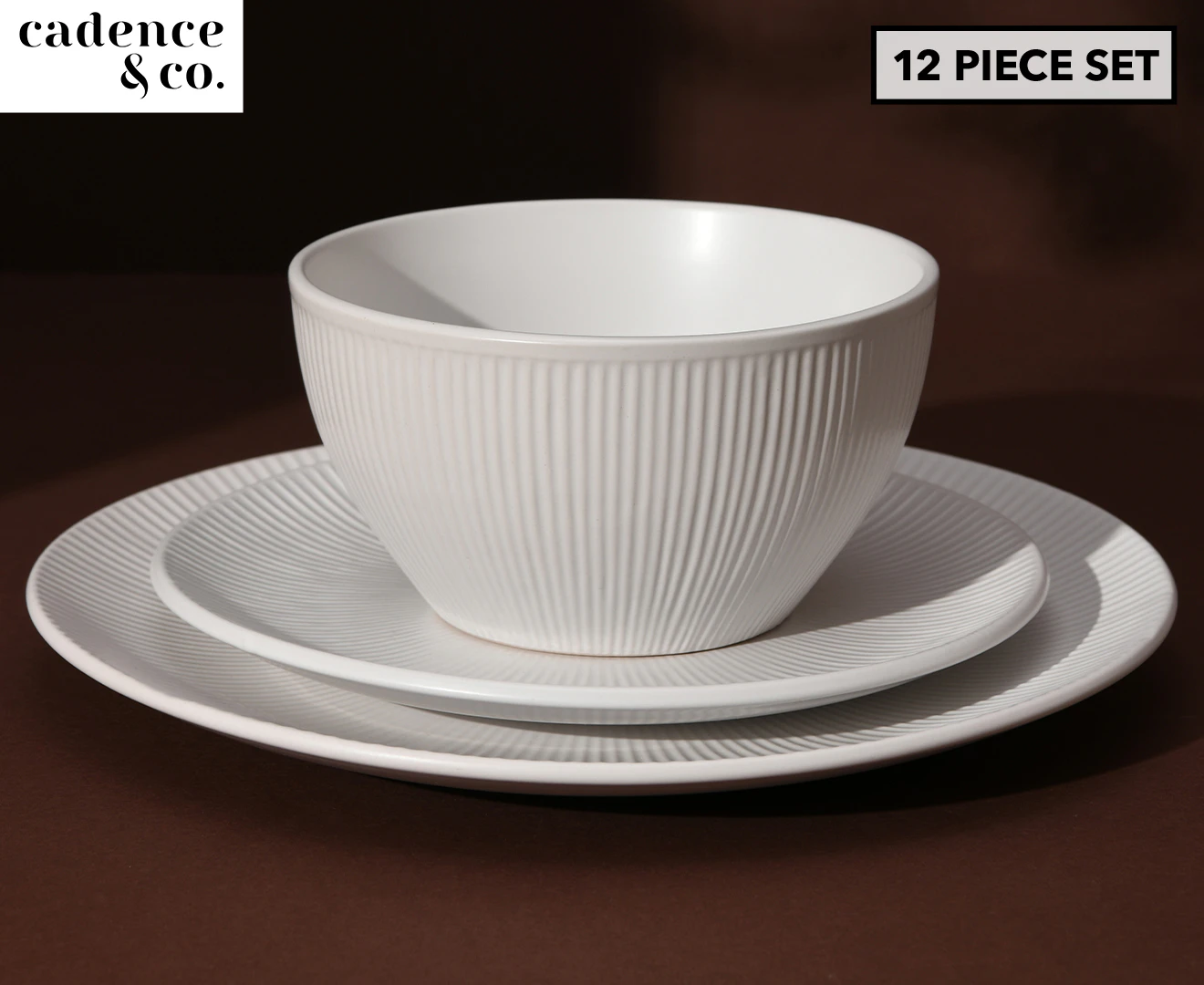 Cadence & Co. Maze 12-Piece Ribbed Dinner Set Matte Glaze White 4 person