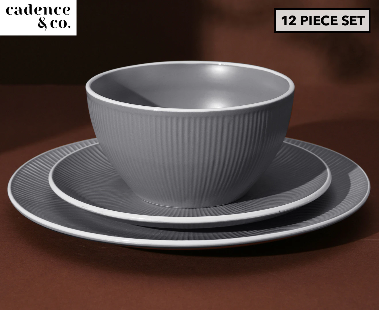 Cadence & Co. Maze 12-Piece Ribbed Dinner Set Matte Glaze Grey & White 4 person