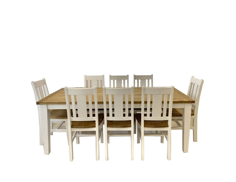 Leura Belle Rustic 8 Seater Rectangle Dining Table And Chairs Setting - Distressed White Honey top - Dining Settings