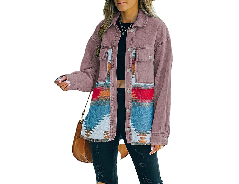 Strapsco Aztec Denim Jacket for Women Distressed Lapel Long Sleeve Coat-BrickRed