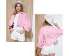 Strapsco Womens Denim Jacket with Fringe Rhinestones Crop Casual Coat-Pink