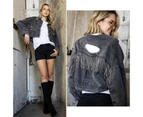 Strapsco Womens Denim Jacket with Fringe Rhinestones Crop Casual Coat-Black
