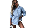 Strapsco Women Ripped Denim Jacket Boyfriend Mid Long Trucker Coat-LightBlue