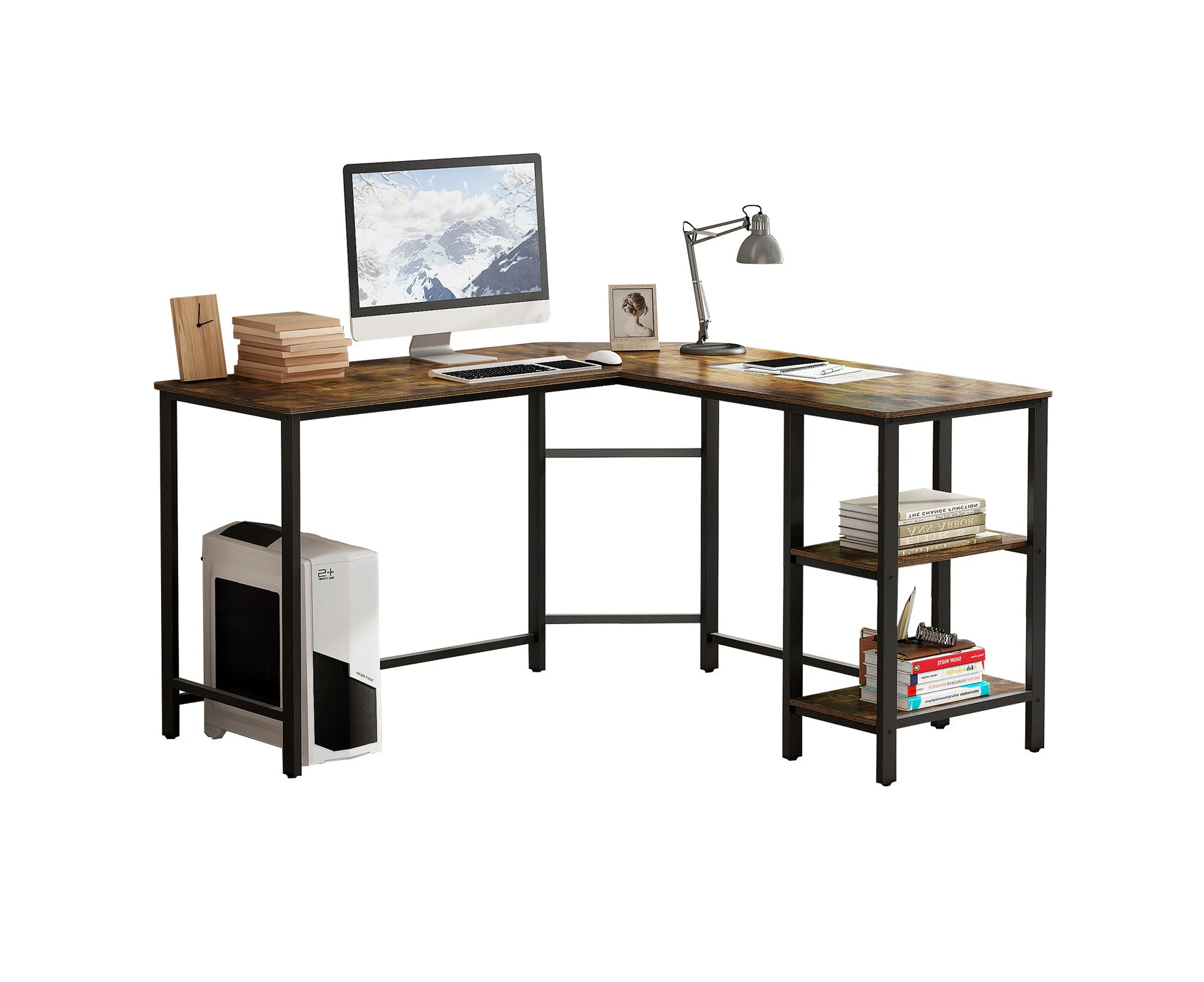 Foret Computer Desk L Shape Office Corner Table Storage Study Work Metal Antique