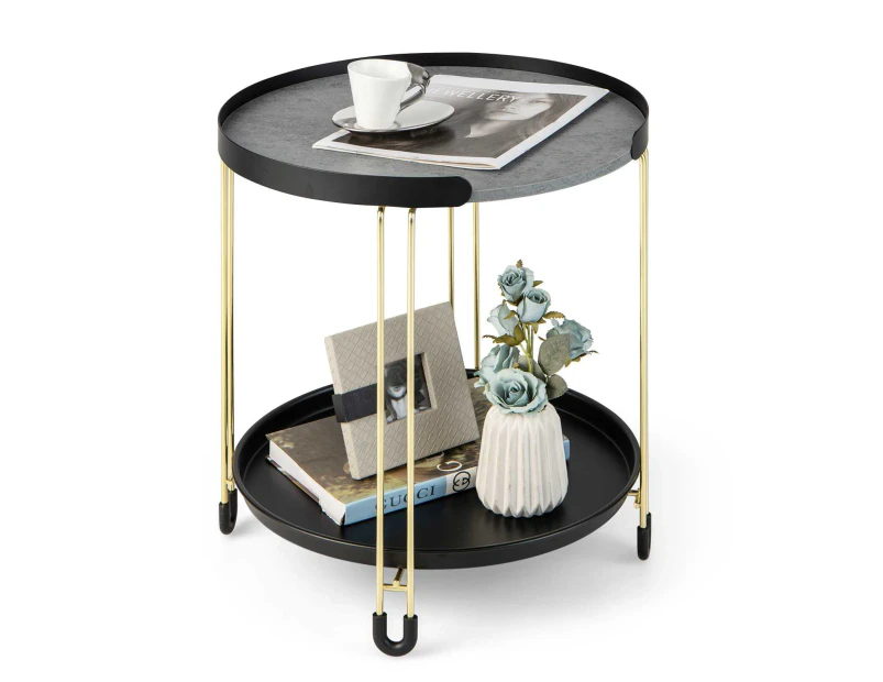 Giantex 2-Tier Round Side Table Accent End Table w/Removable Tray & Metal Frame Elegant Coffee Table Nightstand