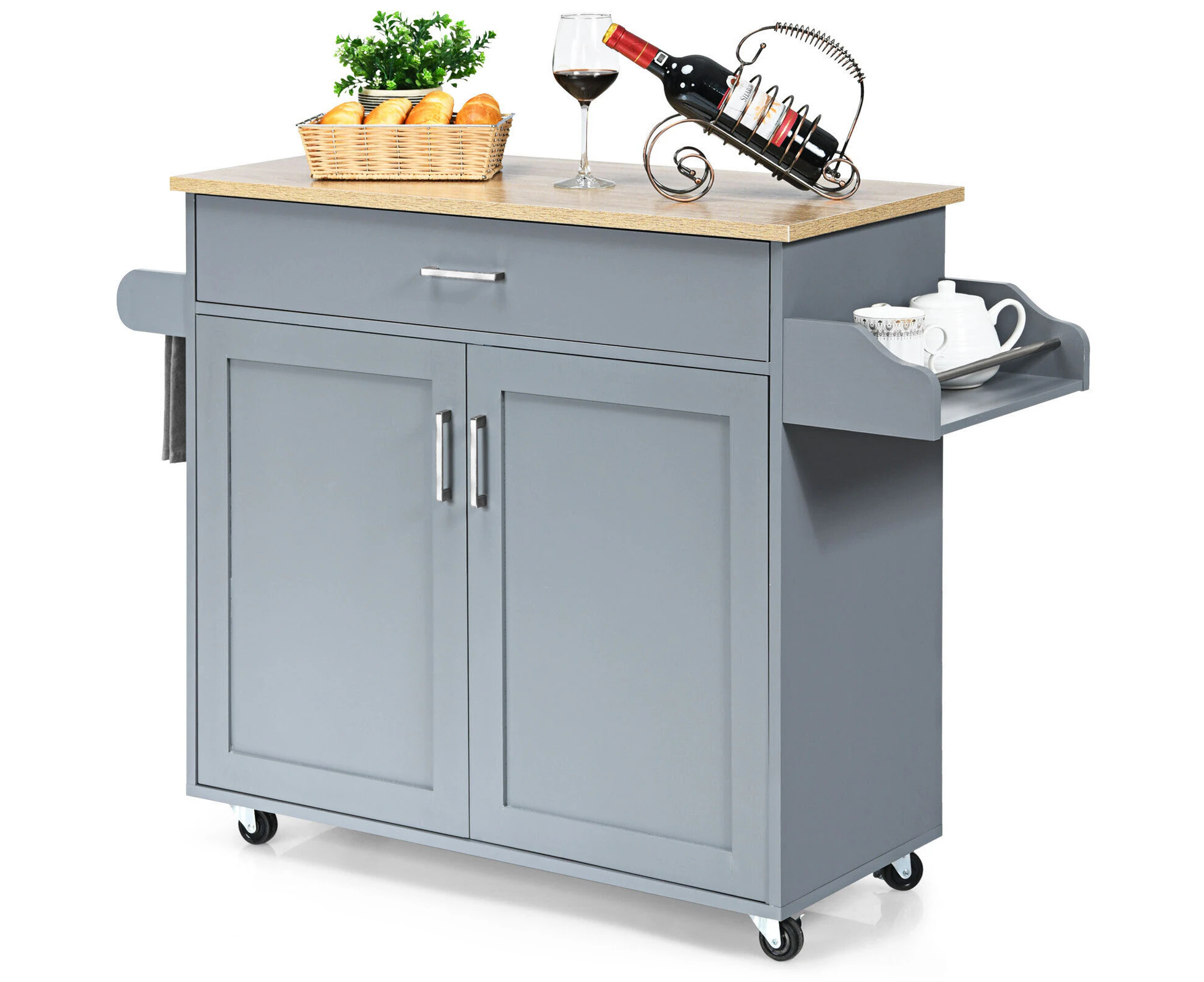 Giantex Wooden Rolling Kitchen Island Storage Cart Trolley w/ Adjustable Shelf Utility Buffet Cabinet Grey