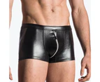 Men Panties Solid Color U Convex Open Crotch Zipper Underwear Faux Leather Good Stretch Briefs Underpants for Living Room - Black