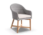 Outdoor Coastal Wicker Outdoor Dining Chair With Teak Timber Legs In Brushed Grey - Outdoor Wicker Chairs - Brushed Grey and Denim cushion