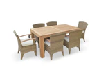 Outdoor Entertainer 1.7M Teak Outdoor Table With 6 Kai Wicker Dining Chairs - Brushed Wheat, Cream cushions - Outdoor Teak Dining Settings