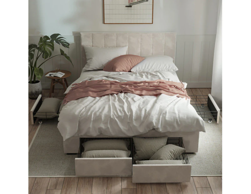 Four Storage Drawers Bed Frame with Vertical Lined Bed Head in King, Queen and Double Size (Taupe White Velvet)