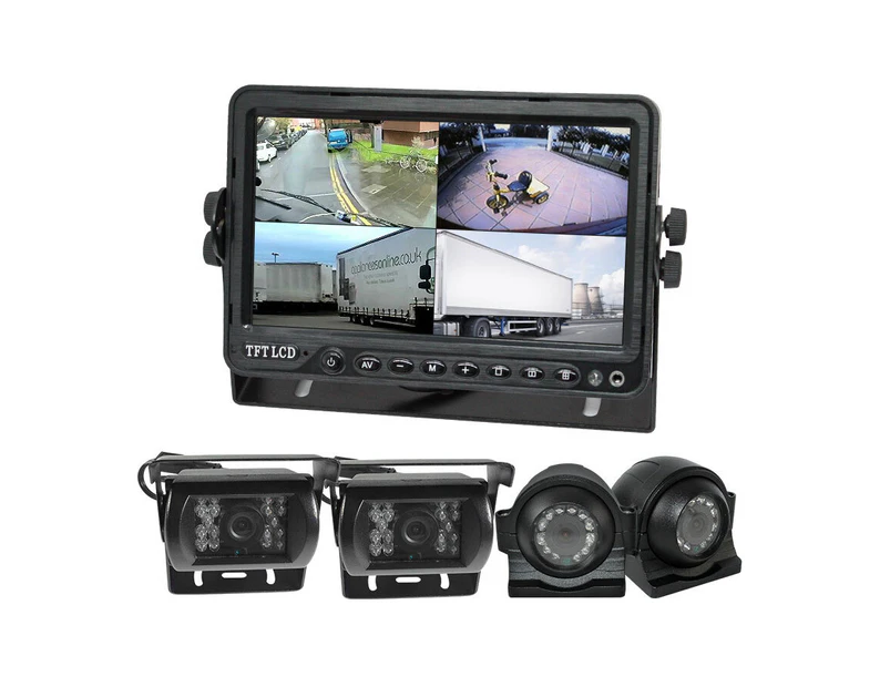 Elinz Quadscreen 9" DVR 4 Camera Package Kit 360 View Reversing Forward Side 12V 24V Bus Trucks Caravan