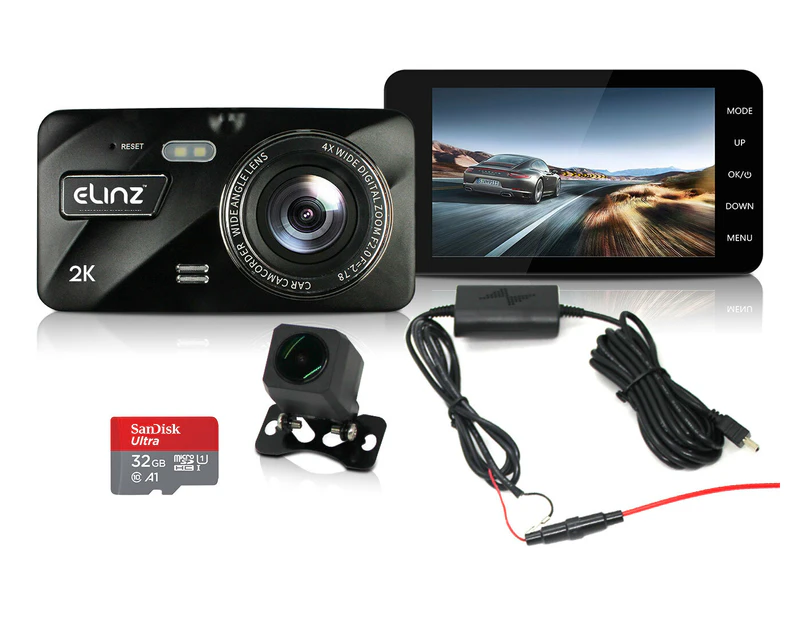 Elinz 2K Dash Cam Dual Camera Reversing 1080P Rear Car DVR Recorder Video 1700 WiFi 4.0 Touch Screen 32GB