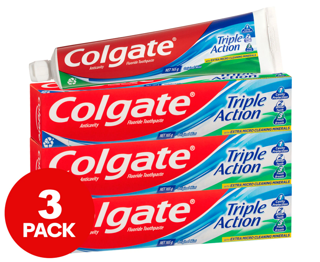 3 x Colgate Triple Action Toothpaste Original Mint 165g