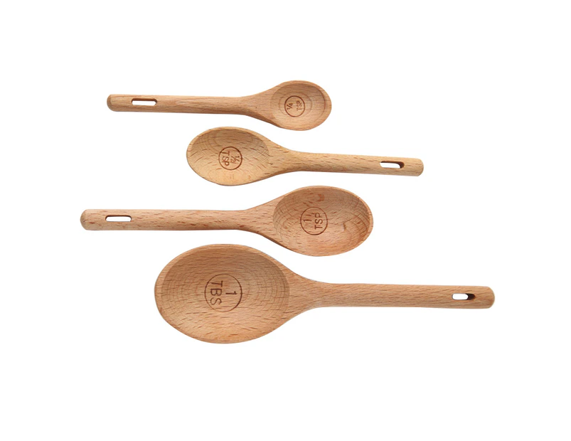 4 Pcs Portable Beech Measuring Spoons Natural Wooden Engraved Accurate Spoons Baking Utensil Set