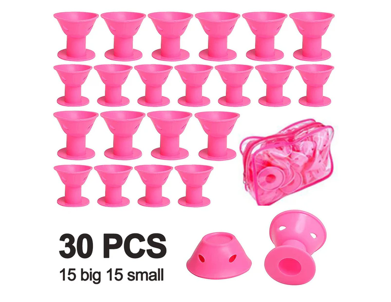 30pcs Silicone Hair Curlers Set, Small Hair Rollers,  plus clear plastic bag mushroom curlers 15 large 15 small-pink