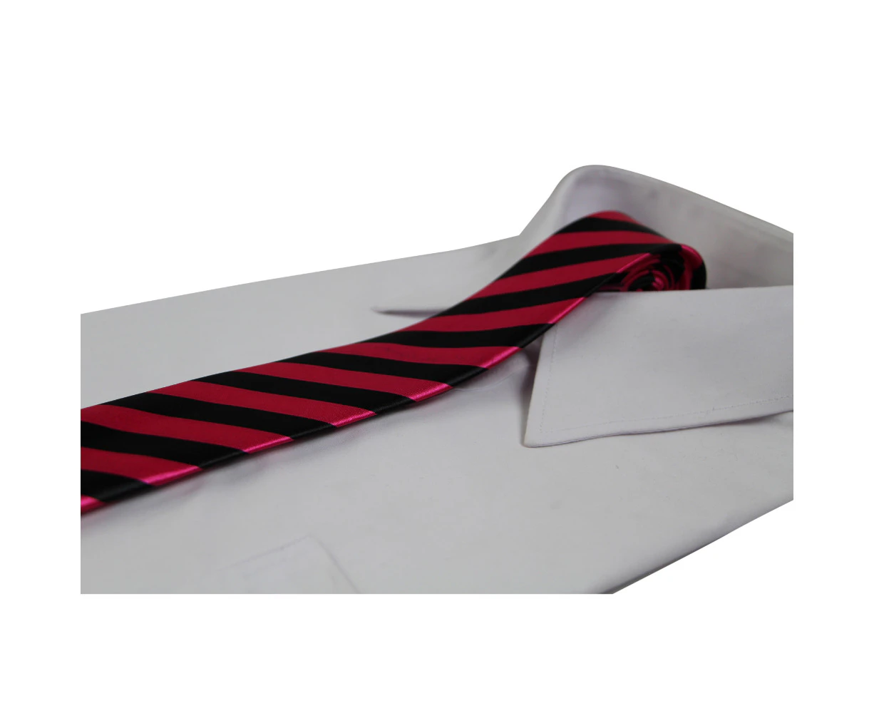 Mens Pink & Black Thick Striped 5cm Skinny Neck Tie Polyester