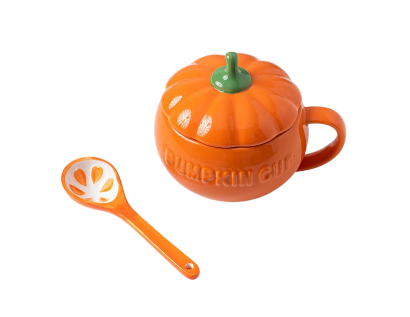Ceramic Pumpkin Mug with Lid and Spoon