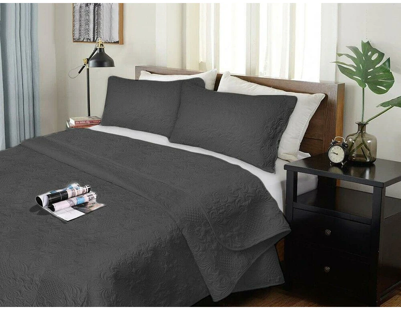 3 Piece Ultrasonic Embossed Comforter Set | 3pc Luxury Bedspread Set | 2 Sizes - 5 Colours - Charcoal
