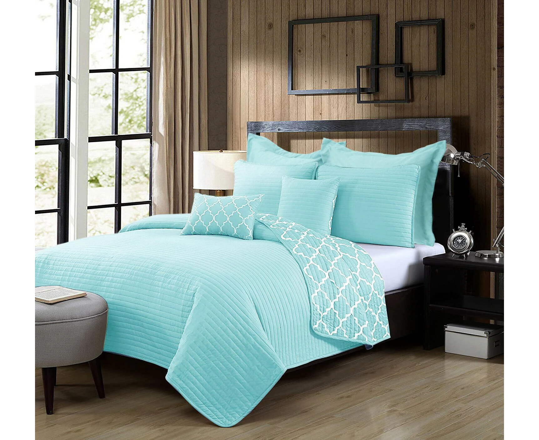 7 Piece Bamboo Reversible Comforter Set | Luxury 2-Sided 7pc Coverlet Quatrefoil Set | 2 Sizes - 5 Colours - Aqua