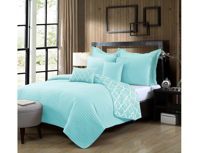 7 Piece Bamboo Reversible Comforter Set | Luxury 2-Sided 7pc Coverlet Quatrefoil Set | 2 Sizes - 5 Colours - Aqua