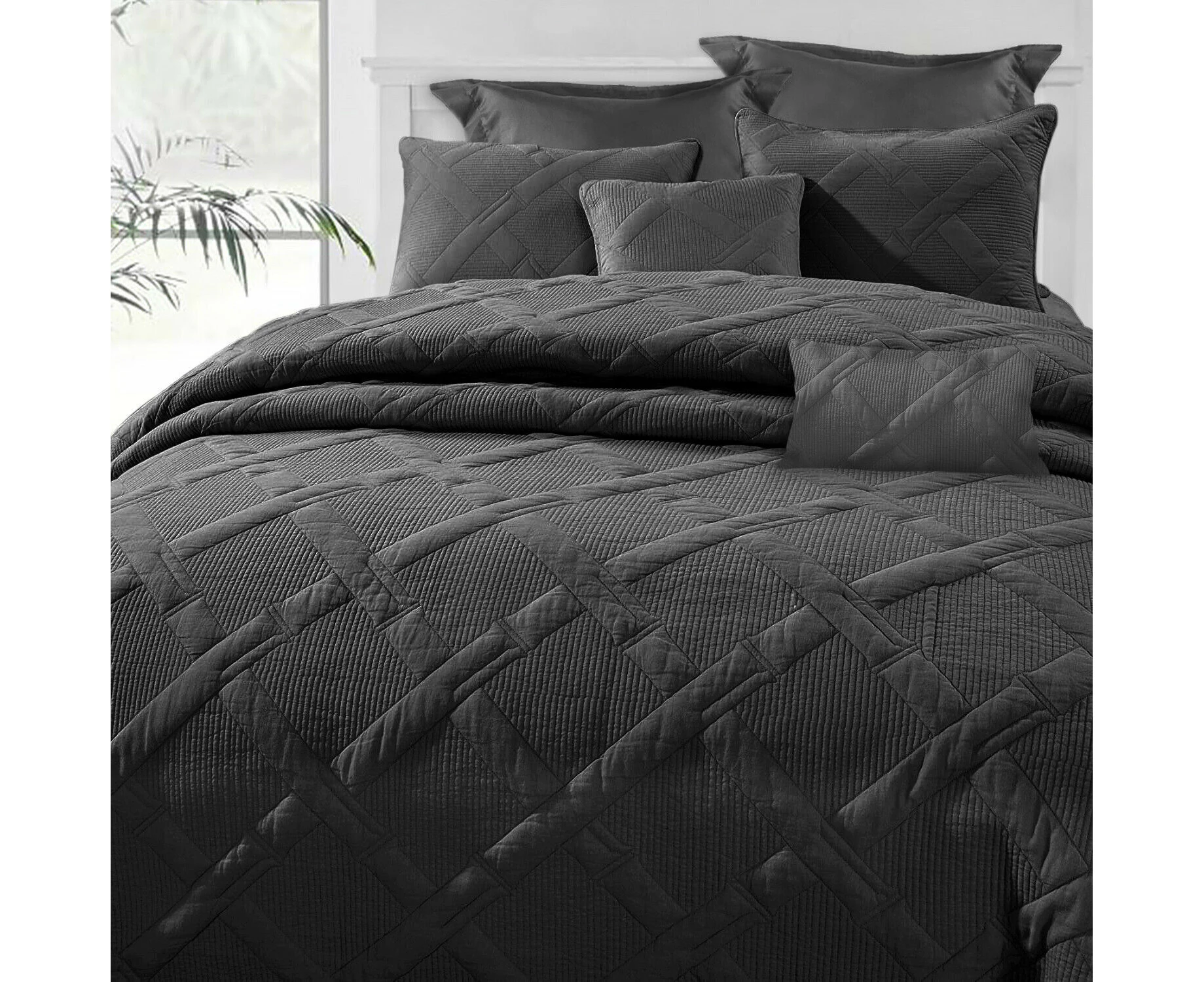 7 Piece Bamboo Comforter Set | 7pc Bamboo Matelasse Weave Set Coverlet - Charcoal