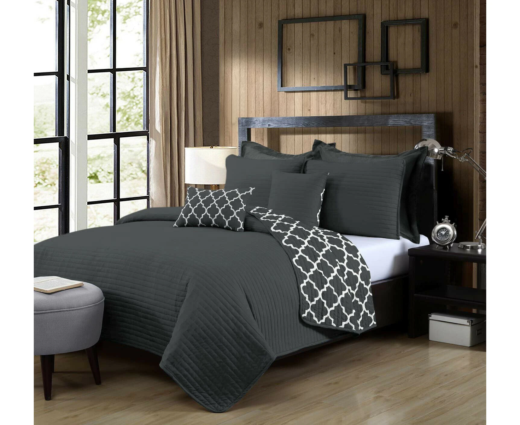 7 Piece Bamboo Reversible Comforter Set | Luxury 2-Sided 7pc Coverlet Quatrefoil Set | 2 Sizes - 5 Colours - Charcoal