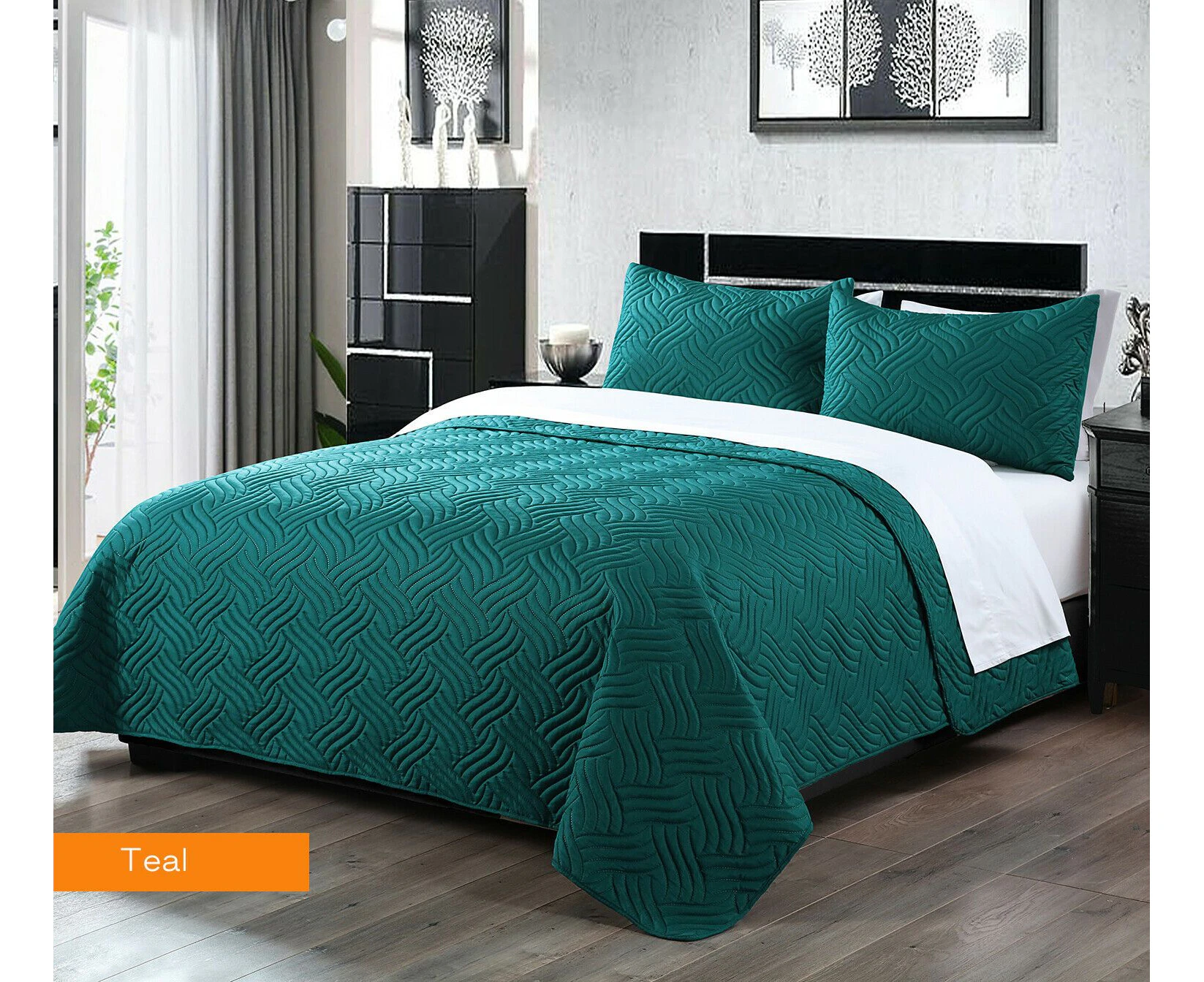 3 Piece Pinsonic Embossed Comforter Set 3pc Comforter Sets Bedspread Coverlet | 2 Sizes - 4 Colours - Teal