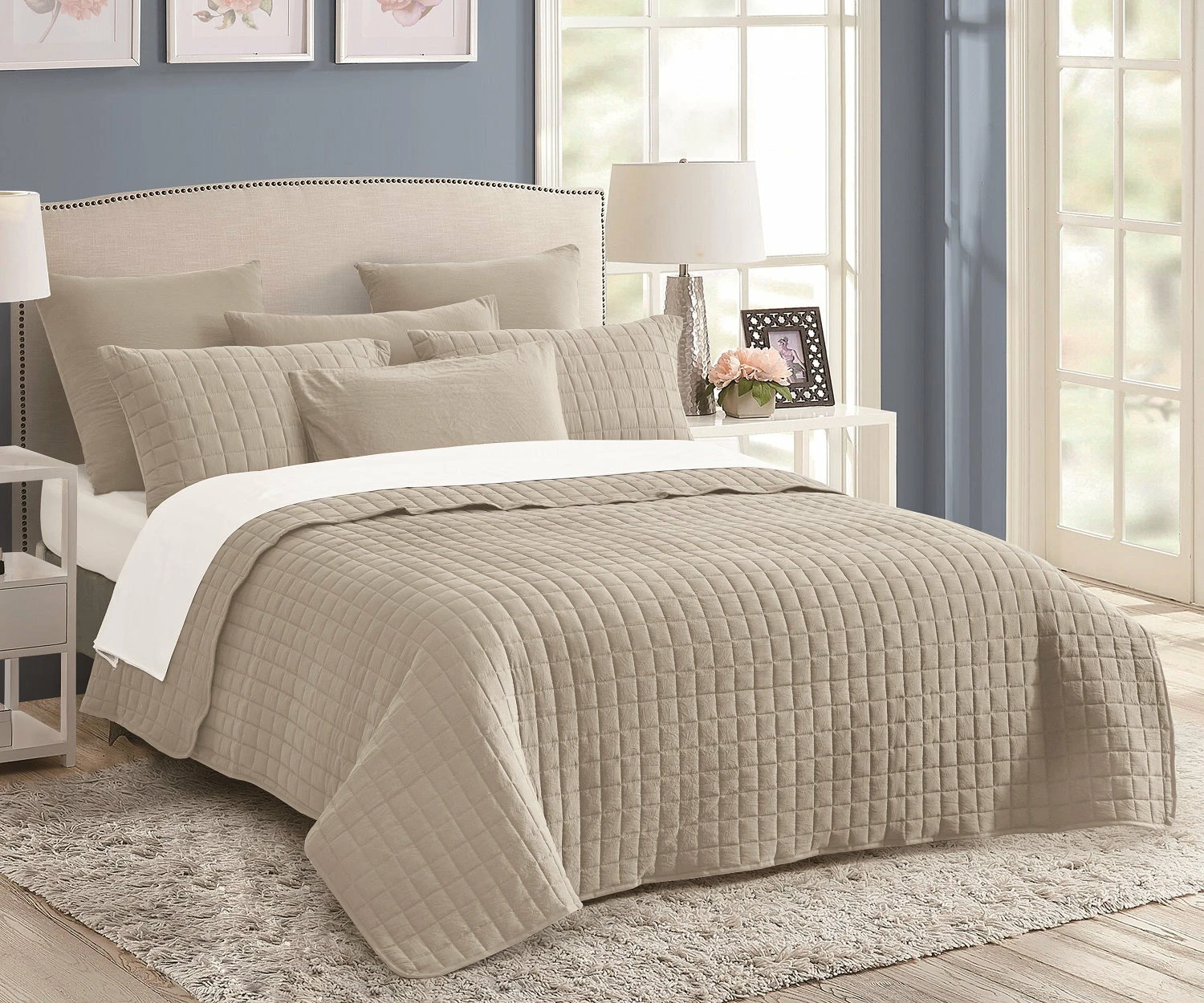 7 Piece Quilted Stone Wash Comforter Set | 7pc All Season Quilted Bedding Set | 2 Sizes - 5 Colours - Natural