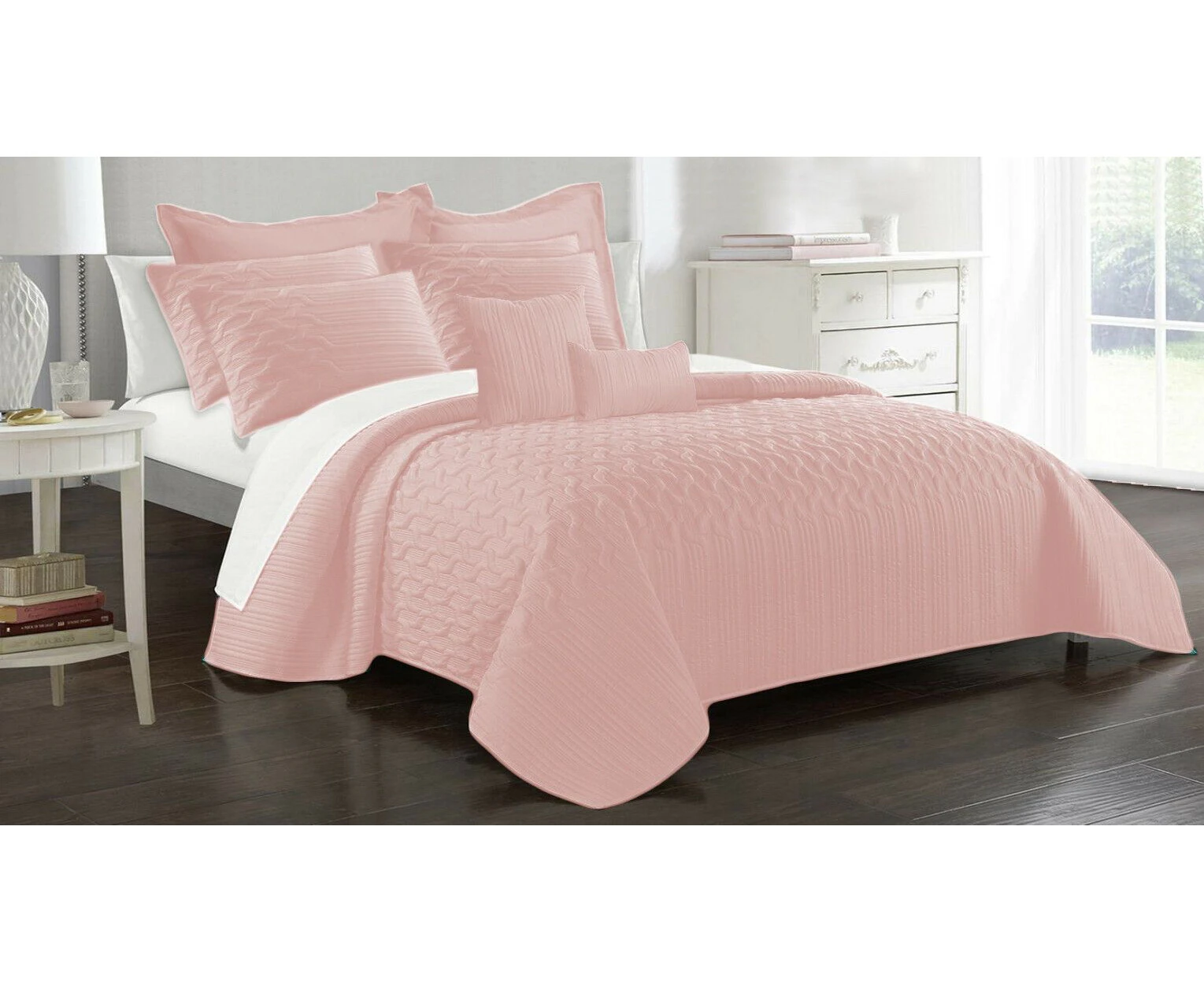 9pc Light Interlaced Comforter Set | 9 Piece All Seasons Cooling Coverlet Set | Modern Bedding Set | 2 Sizes - 5 Colours - Tea Rose