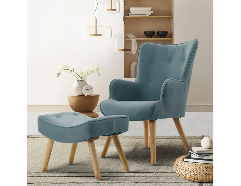 Artiss Armchair Set with Ottoman Blue Lansar