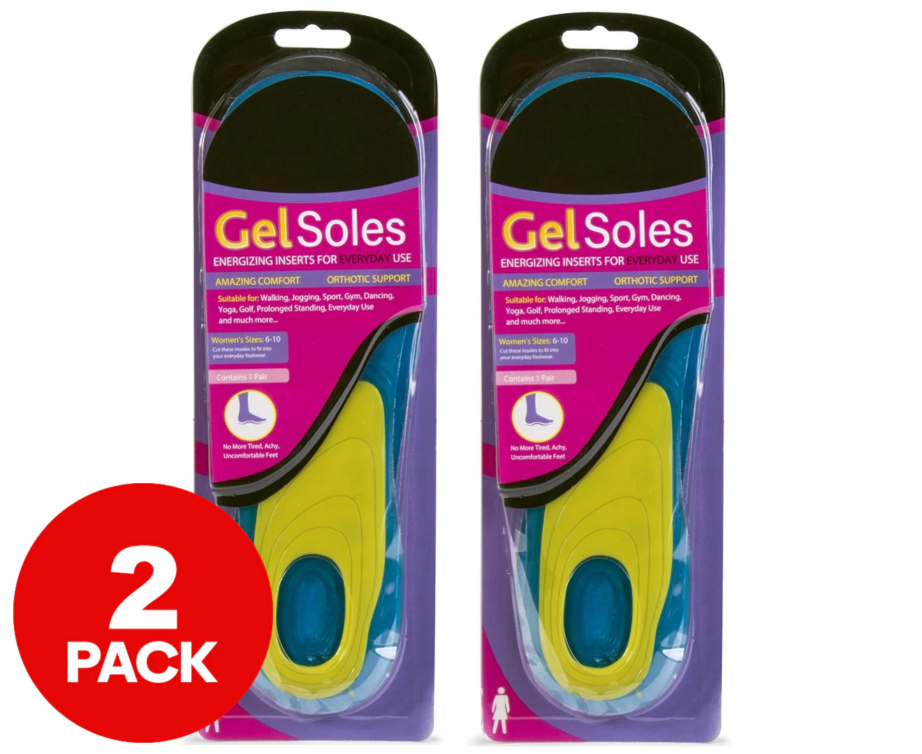 2 x Gel Insoles Pair f/ Female Shoe Sizes 6-10 Trim to Fit Boots/Runners/Sneakers