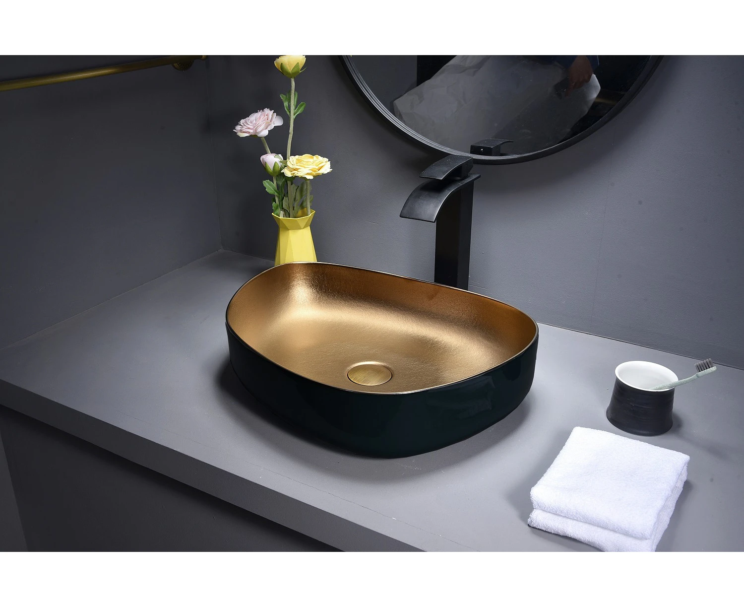 THH Above Counter Ceramic Bathroom Basin Glossy Black & Bronze 480x380x125mm