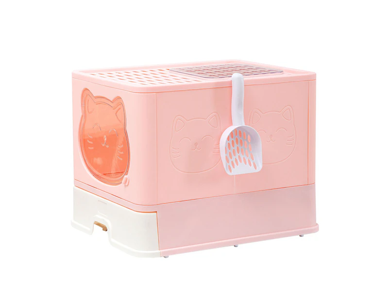 Cat Litter Box Kitty Toilet Training Enclosed Front Top Entry Lid Large Covered Hooded Kitten Potty Pan Furniture Scoop Foldable Pink
