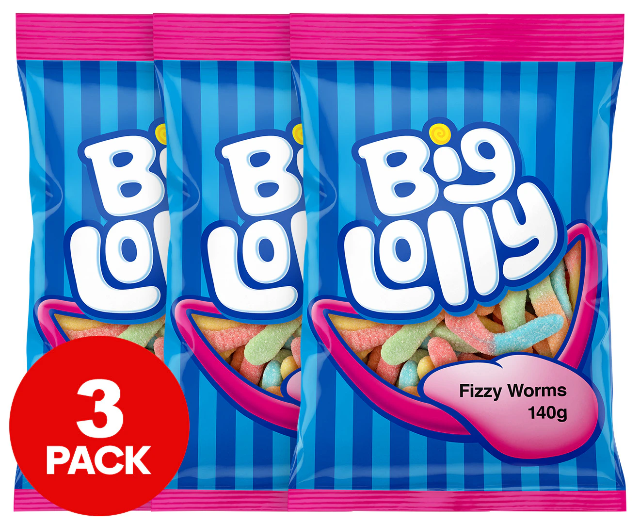 3 x Big Lolly Fizzy Worms 140g